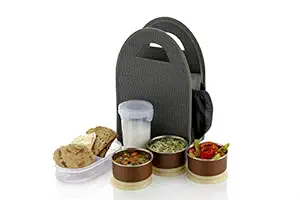 MR Products Lunch Box, Lunch Boxes for School, Lunch Box Steel with 3 Push-up Air Tight & Leakage Proof Containers, 1 Caserolles Set with Plastic Bottle, Lunch Boxes for Office with Bag (Gray)