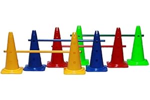 Boje Sport Lot de 4 Kits de haie (12 pièces en Tout): 8 cônes (à 12 Trous) 40 cm, 4 Jalons en Plastique 80 cm, Couleur: 1x Bleu, 1x Rouge, 1x Vert, 1x Jaune - 8X MZK40ybrg 4X 80ybrg