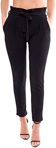 Rewatronics Ladies Paper Bag Tie Waist Belted Trouser Women's Cigarette Slim Full Length Pant. UK 8-26