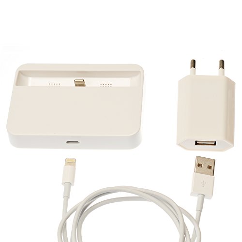 Original iProtect® Super 3 in 1 Set weiß Dockingstation Ladestation und USB Datenkabel Ladekabel und Netzteil Adapter für Apple iPhone 5 5s 5c, iPod Touch 5G, iPod Nano 7G - 5