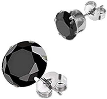 Azzire Stainless Steel Pair of 9mm Stud Earrings with Round Black CZ Stone