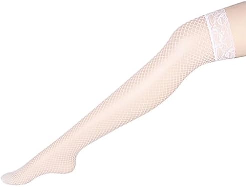 Daben200 Women Solid Lace Top Thigh High Fishnet Mesh Hole Long Stockings -White