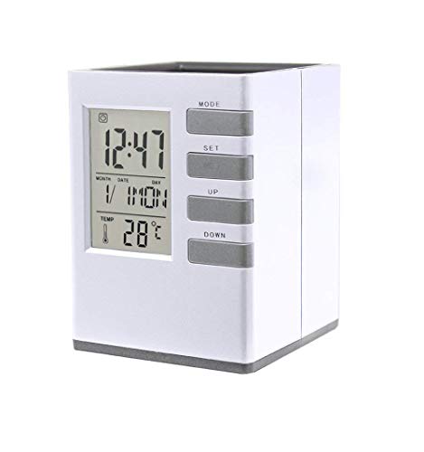 Sysmarts Escritorio Oficina Tidy Pot Lápiz Titular Reloj de Radio Digital de Pared con Indicador de Temperatura Reloj Despertador Temporizador,Calendario, Luz Led (Cubo de Plata)
