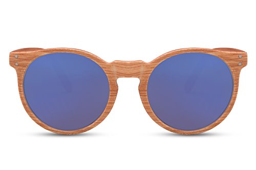 Cheapass Gafas De Sol Madera Redondas Marrones Azul Espejadas UV-400 Retro Vintage Hombres Mujeres