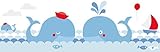 lovely label Bordüre selbstklebend WALE BLAU/ROT - Wandbordüre Kinderzimmer / Babyzimmer mit Walen im Meer in versch. Farben - Wandtattoo Schlafzimmer Mädchen & Junge, Wanddeko Baby / Kinder