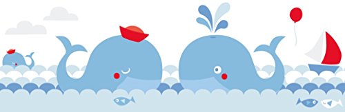 lovely label Bordüre selbstklebend WALE BLAU/ROT - Wandbordüre Kinderzimmer / Babyzimmer mit Walen im Meer in versch. Farben - Wandtattoo Schlafzimmer Mädchen & Junge, Wanddeko Baby / Kinder
