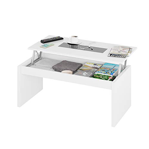 Habitdesign (0T1638BO - Mesa de Centro elevable, Acabado Blanco Brillo y Cristal Negro, Dimensiones 100 cm Largo x 50 cm Ancho x 43/52 cm Altura