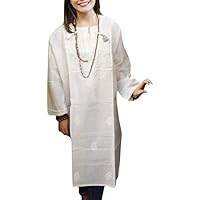 Mogul Interior Womans White Indian Tunic Dress Chikan Embroidered Long Kurti XL