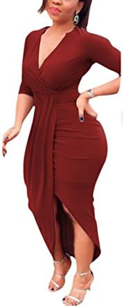 LANGLUO Women Long Sleeve V Neck Solid Color Pleated Split Bodycon Maxi Dress