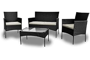 BUYER EMPIRE Rattan Garden Furniture Set Outdoor Lounge Poolside Family Lawn Furniture 4 Piece Set Table Chair Sofa Grey Brown Black Patio (Black)