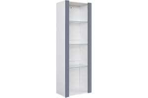 STOREINUK LED Tall Display Cabinet with Glass Shelf,High Gloss Fronts Living Room Cupboard Display Unit Cabinet Sideboard Free Standing Bookcase Storage(White&Grey)