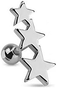 Silver Triple Star Barbell Ear Cartilage Monroe Tragus - 1.2mm 6mm Bar