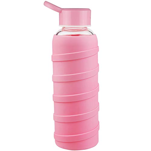 Ferexer Bouteille d'eau en Verre Borosilicate Gourde d'eau en Verre avec Manchon en Silicone sans BPA 480 ML Rose