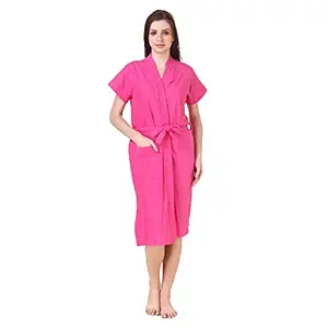 MILIT Soft Terry Towel Cotton Plain Bathrobe for Womens -Free Size (Dark Pink)