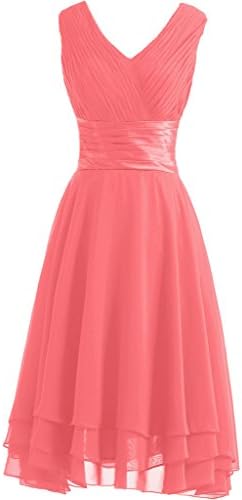 Victory Bridal Simple Knee-Length V-Neck Hi-Lo Bridal / Evening / Dance / Summer / Bridesmaid Dress / Gown with Plaits, Short, Chiffon -  pink - L