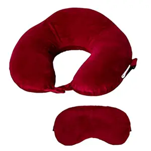 Destinio Neck Pillows and Eye Masks - Memory Foam, Washable Cover, Hanging Hook - Travel Pillow for Flights, Provides head rest and support for sleeping in car, train, airplane and air travelling for men and women (Red)