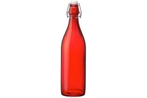 KWARE Botellas de vidrio de estilo vintage de 1 litro, ideales para uso doméstico o comercial, llenar con agua, vino, licor, aceite, cerveza, licor o cordiales (tapa abatible roja)