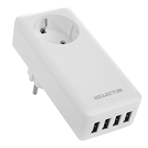 ISELECTOR USB Ladegerät Steckdose mit USB Zwischenstecker mit USB und Steckdose weiß