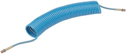 11.5M x 1/4" BSP HEAVY DUTY NYLON RECOIL AIR HOSE - Recoil type air hose which allows good access to working areas. For the workshop and industrial user. Supplied with spring protection guards and 360° swivel end male fittings. Maximum working pressure at 20°C; 1/4" BSP - 1.7MPa (255psi) or 3/8" BSP - 1.9MPa (285psi). Display packed.