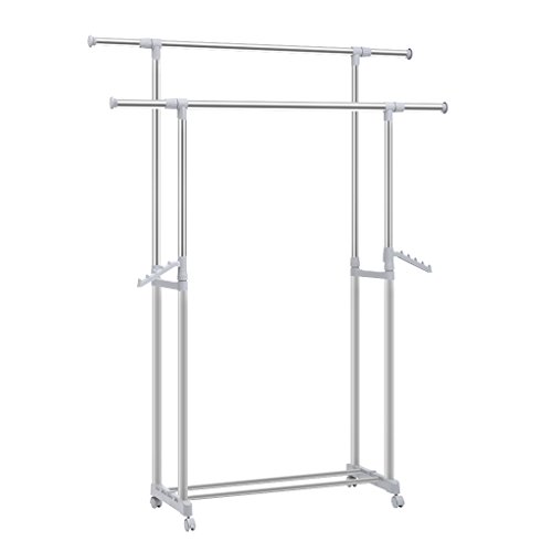 Finether fahrbarer mobiler Kleiderständer Garderobenständer Teleskop-Kleiderstange mit Schuhablage und 2 Stangen Rollständer Rollgarderobe Garderobenwagen aus Metall Edelstahl auf Rollen stabil ausziehbar höhenverstellbar doppel
