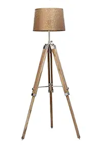 Roorkee Instruments (INDIA) Brass and Wooden Tripod Floor Lamp Stand with Shade and Bulb (Multicolour)