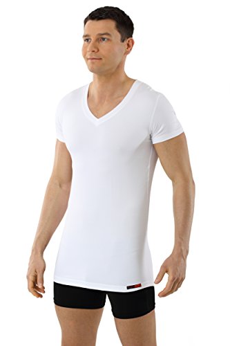 ALBERT KREUZWhite Business Undershirt of Functional Technical Fabric (Cotton Coolmax®), Anti-Sweat Dry Skin Effect, with V-Neck and Short Sleeves