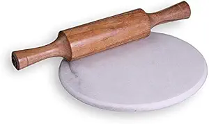 Angel Enterprise Marble Roti Roller/Chakla/Rolling Pin Board/Roti Maker/Phulka Maker/Chapati Maker chakla/Marble Rolling Pin/Marble Belan for Kitchen (White (Chakla + Wooden Rolling Pin), 9 Inch) (Multi-Color-C)