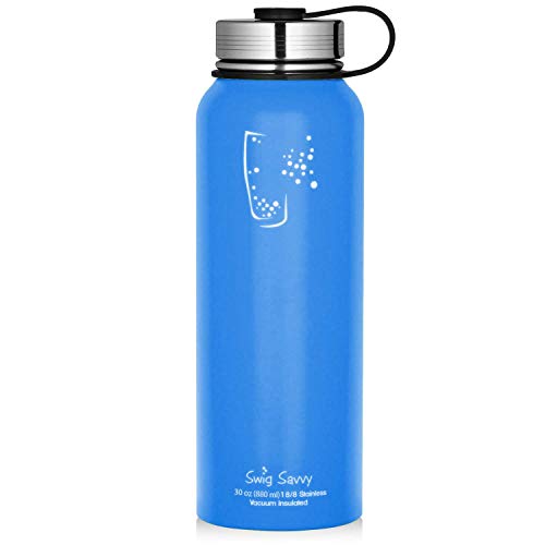Botella de agua de acero inoxidable - con tapón a prueba de fugas de doble pared boca ancha con aislamiento de vacío - Termo reutilizable para bebidas frias y calientes - BPA gratis - 30 oz | Azul