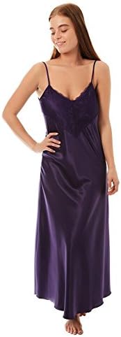 unbrabdedLadies Womens Satin Long Nightdress Nightie Nightgown deep lace Details Purple