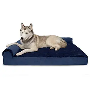 FurHaven Pet Dog Bed | Deluxe Memory Foam Chaise Plush & Velvet L-Shaped Lounge Sofa Pet Bed for Dogs & Cats, Deep Sapphire, Jumbo