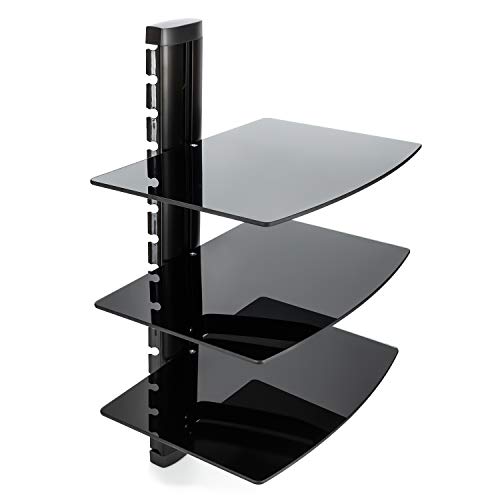 Vemount Estantes flotantes de 3 niveles con soporte de pared negro plano y cristal templado reforzado para reproductor de DVD, caja de cielo/virgen, consolas de juegos, accesorios