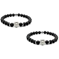 Mister Boncuk Wild Lions Silver Couple Armband - Personalisiertes Couple Armbänder aus Legierung Löwenkopf-Perlen und schwarzen Onyxsteinen mit Edelstahl zwischen Perlen. Armbänder für Paare - Partner - Pärchen - Namensarmband - Namensarmbänder - Ideal als Geschenkidee