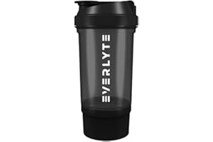 EVERLYTE® - Shaker noir de 500 ml + récipient de 150 ml | Crochet sport avec fermeture à pression, tamis et échelle de mesure | Shaker de fitness | Sans BPA et DEHP | Passe au lave-vaisselle