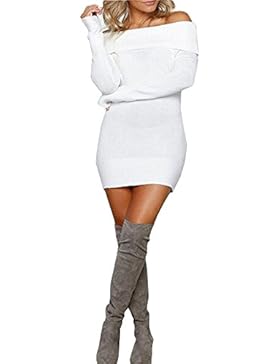 Damen Lang Strick Sweater Pullover Langarm sexy Schulterfrei One Size Strickkleid Herbst Winter Minikleid Ufly