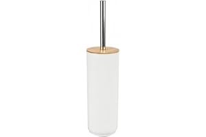 DAMDAM GO - Escobillero Plastico Blanco Palo Acero INOX Tapa Bambu 9,5x40 cm