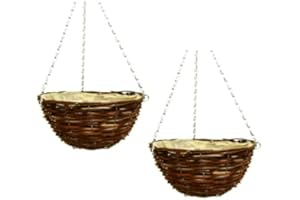 Fyne-Finds Set of 2, 30cm 12Inch Dark Brown Wicker Hanging Basket Lined Rattan Willow Weatherproof Planter