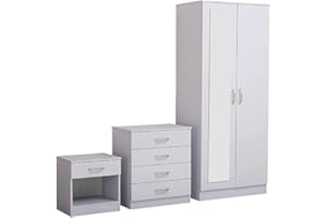 PALAKLOT High Gloss Bedroom Furniture Set – 3-Piece Set with Wardrobe, 4-Drawer Chest, and Bedside Cabinet – Stylish Storage Solution for Modern Bedrooms – Soft Close Doors (White)