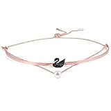 ANLW Women Elegant Necklace Clavicle Chain Vintage Classic Black Swan Pendant Pendant Pearl Double Layer Necklace Valentines Day Gift, Gift Packed
