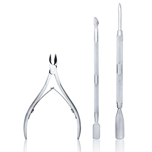 Footful Set of 3pcs Stainless Steel Manicure Pedicure Tools Dead Skin Cuticle Clippers Trimmers Nippers Remover + Cuticle Spoon Pushers (Big+Small)