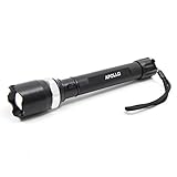 Die Taschenlampe ist groß und stabil, hat ein Aluminiumgehäuse und ist stoßfest und spritzwassergeschützt.