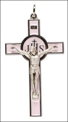 JHS 10293 Broche Crucifix en métal argenté avec Double cur en étain 2,5 cm