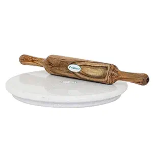 Primed 11 Inch White Marble Chapati Maker With 14 Inch Wooden Rolling Pin/Chakla Belan