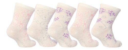 5 Pairs Baby Elle BE05 Girls White with Flowers Ankle Socks (3-5 (12-24 Months))