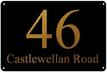 Custom Personalised Metal Aluminium Signs Door Plaques House Number Street Black-Gold Text by MegSub … (6x8", Rounded Corners 4 Holes)