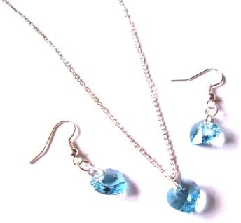 English Gems March Birthstone Aquamarine Swarovski Crystal Heart Earrings and Sterling Silver Necklace in Gift Box