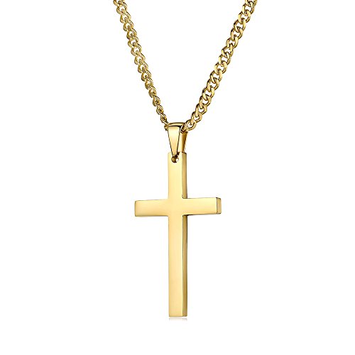 FOSIR Stainless Steel Cross Pendant Chain Necklace for Men Women, 60cm - 60cm Polished Curb Chain