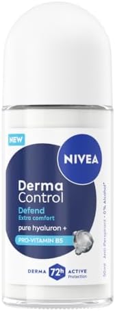 NIVEA Deodorante Roll On Derma Control Defend Extra Comfort 50 ml, Deodorante donna antitraspirante per una protezione 72h, Formula senza alcool con Acido Ialuronico e Pro-Vitamina B5 anti-irritazioni