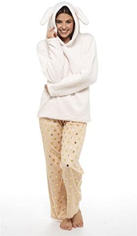 Women's Cat & Bunny Snuggle Fleece Pyjamas, Fluffy Twosie Pyjama Set, LN657, Size 8-22