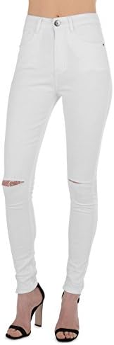Real HOXTON Women’s Ripped, Faded, High Mid Waist, Denim Jeans (Knee Cut White, 8)
