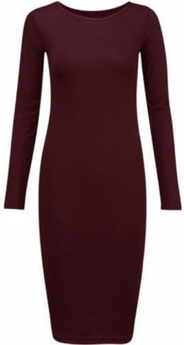 NEW WOMEN PLUS SIZES PLAIN MIDI LONG SLEEVE DRESS JERSEY MAXI BODYCORN DRESS UK SIZE 8-26 (UK 24-26, WINE)